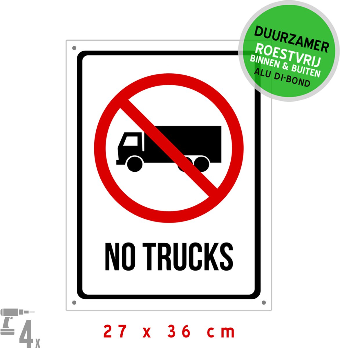 Pictogram/ bord Dibond + boorgaten | "No trucks" | 27 x 36 cm | Vrachtauto | Privaat parking | Niet parkeren | Geen camions | Parkeerverbod | Truckers | Vrachtwagens | Engels | Duurzaam materiaal | 1 stuk