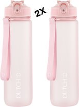 Dutch'D ® - Set van 2 stuks - 1 liter Drinkfles - Drinkfles met rietje - Waterfles - Pastel Roze - Drinkfles Volwassenen - Lek Vrij - Cadeau voor haar/hem - Verschillende Drinkflessen en waterflessen - Drinkbeker - Sportfles - Drinkbus