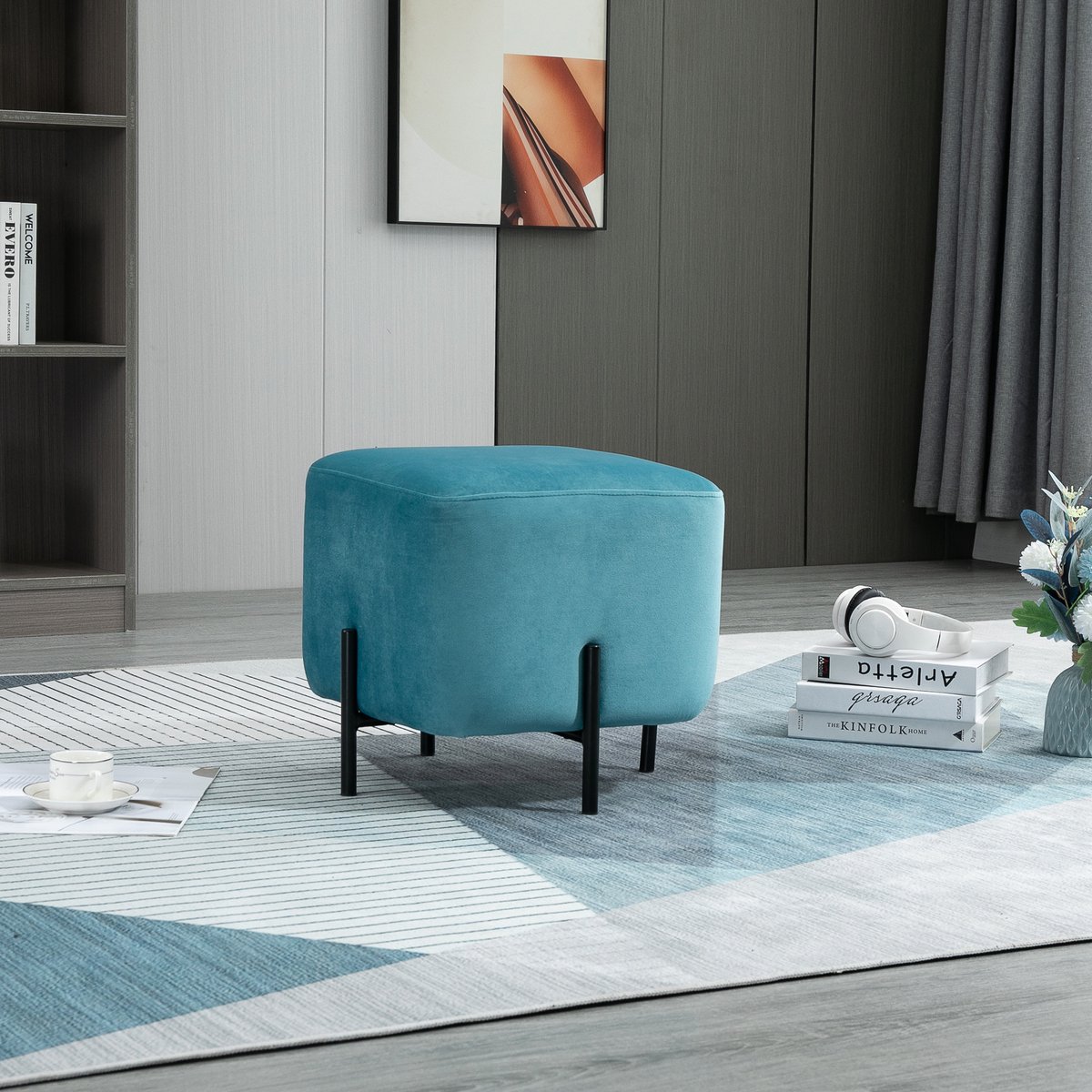 MODFU - Voetenbankje - Vierkant - Turquoise - Stof - Metaal