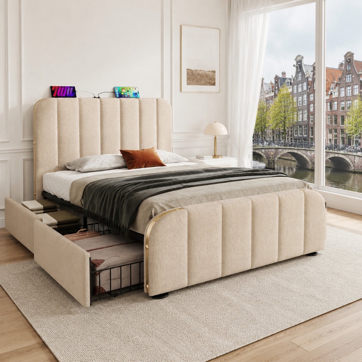WUVRIE Polsterbett Einzelbett 90x200 cm met gepolsterd hoofdeinde, gouden accenten, USB-C lader en 4 lades – beige linnen stof (zonder matras)
