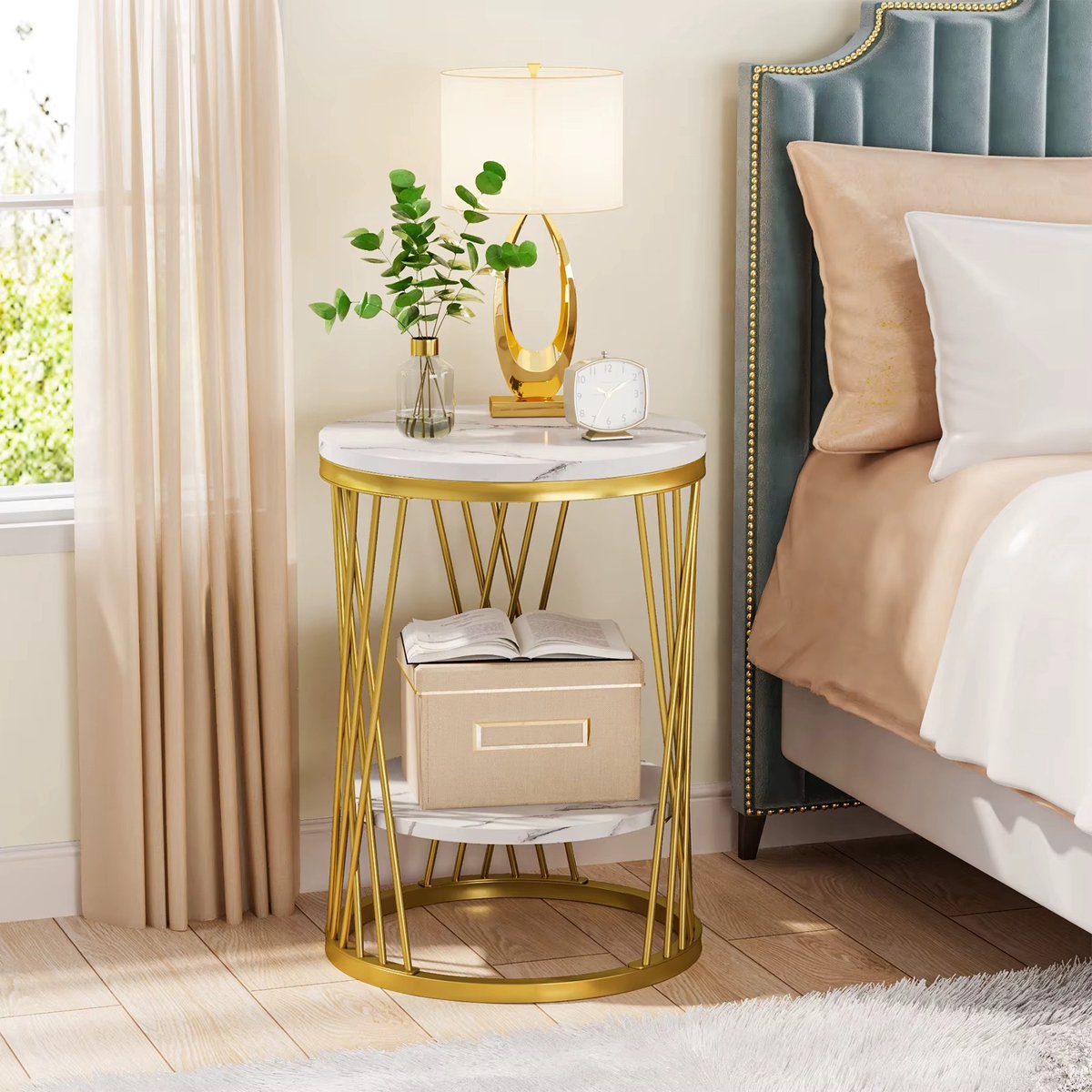 Whoopr® Ronde Bijzettafel met Opbergplank – 2-Laags Banktafel met Marmerlook & Goud Metalen Frame – Moderne Accenttafel voor Woonkamer & Slaapkamer Wit