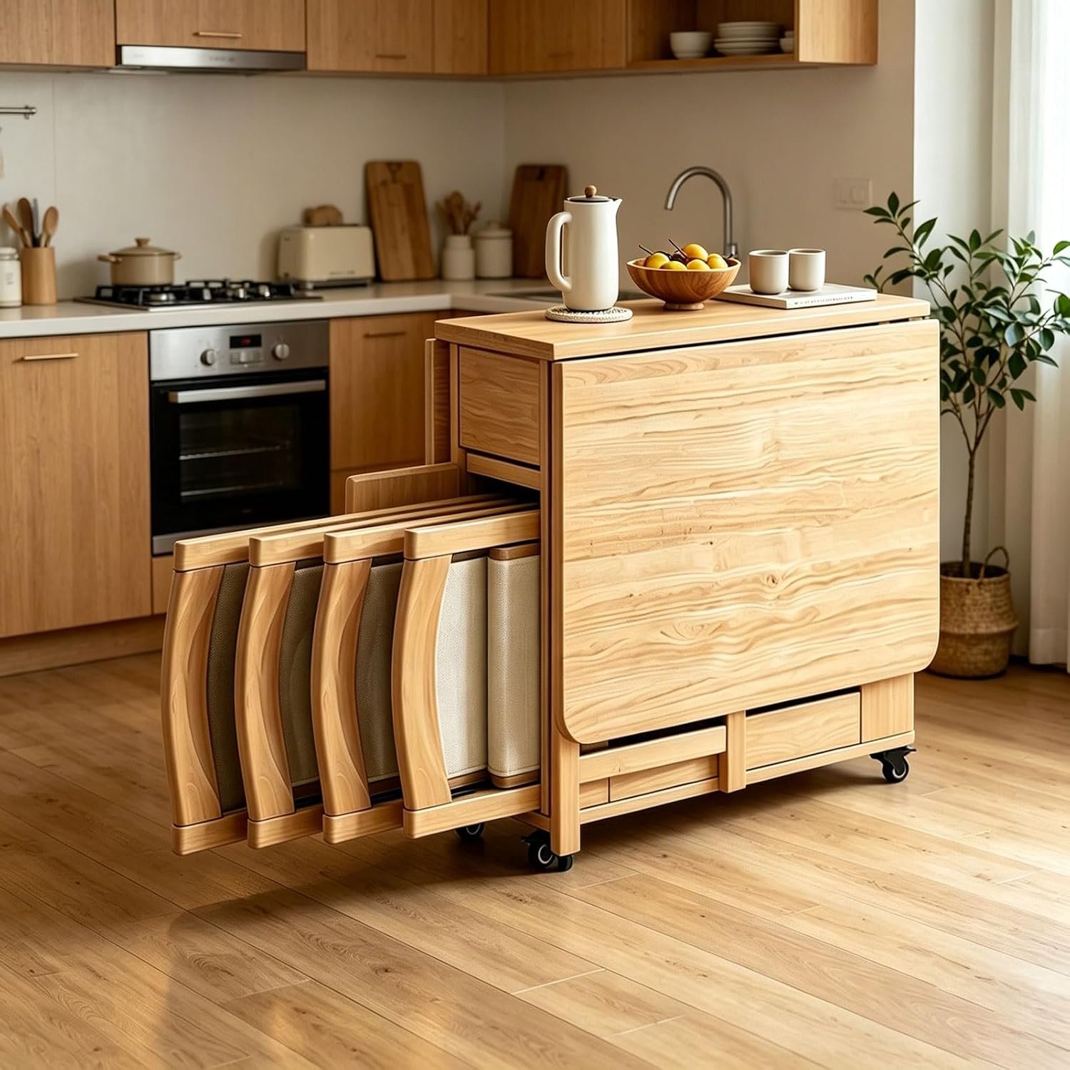 Uitschuifbare Eettafel met 4 Gestoffeerde Inklapbare Stoelen, Compacte Houten Klaptafel met Opberglade, Ruimtebesparende Keukentafel voor 6 tot 8 Personen, Fruitboomhoutkleur