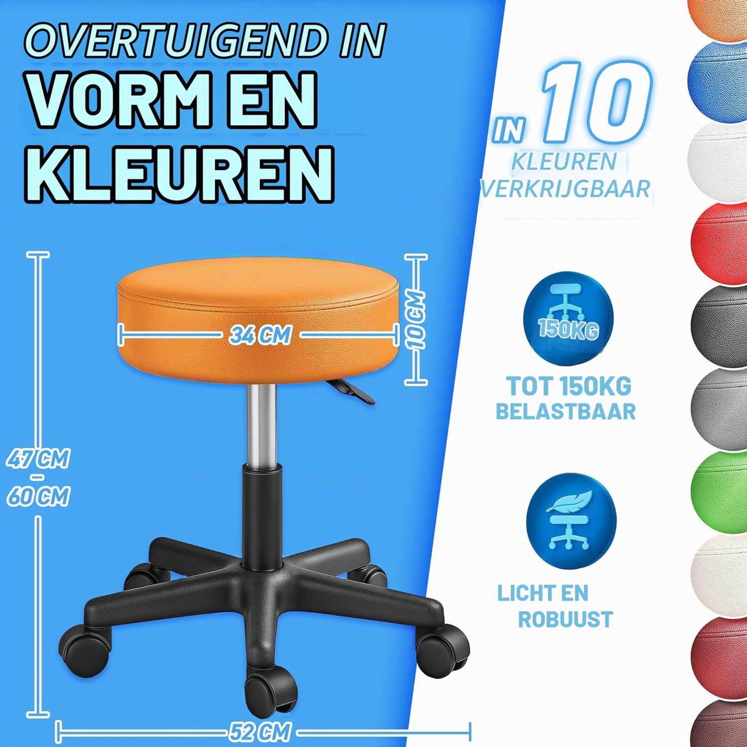 Duraxl Rolkruk - Met rugleuning - Hoogte verstelbaar - 360° draaibaar Oranje