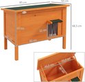 Afmetingen van het oranje houten kattenhuis in centimeters.