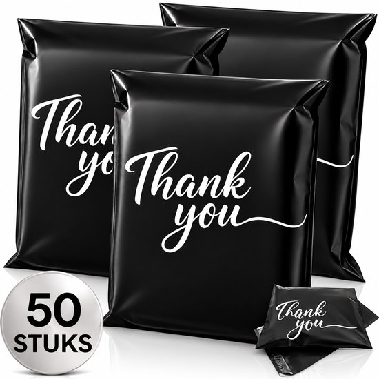 Zwarte verzendzakken met witte 'Thank you' opdruk, verpakking van 50 stuks.