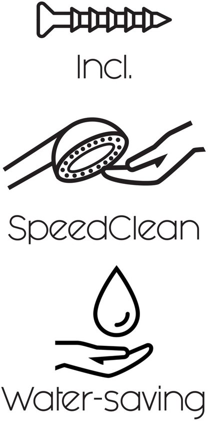 Iconen voor meegeleverde schroeven, SpeedClean anti-kalksysteem en waterbesparende functie.