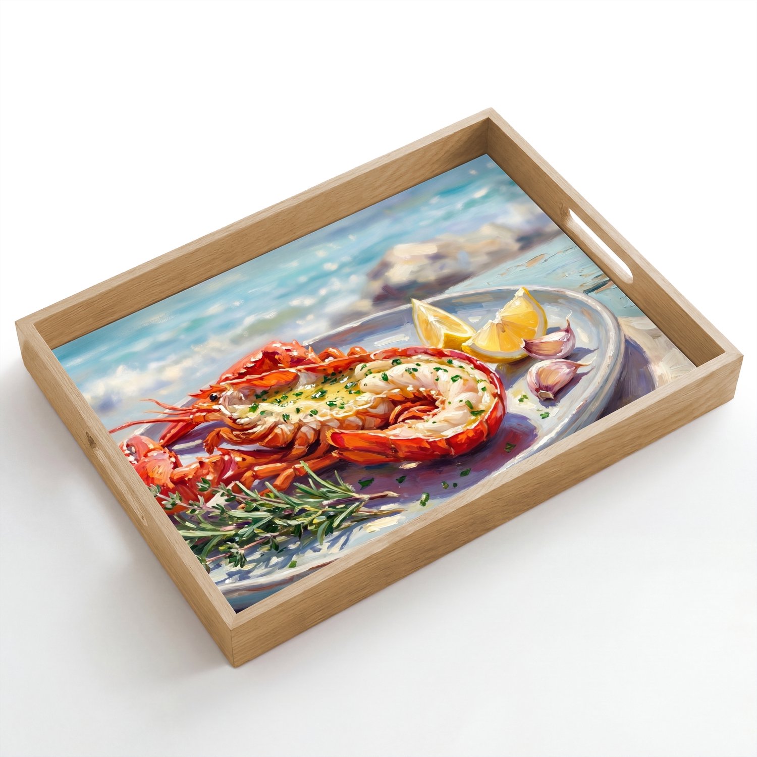Dienblad hout 50x35 cm - Schootdienblad - Eten - Zee - Kust - Modern - Blauw - Borrelplank rechthoek - Plateau dienbladen