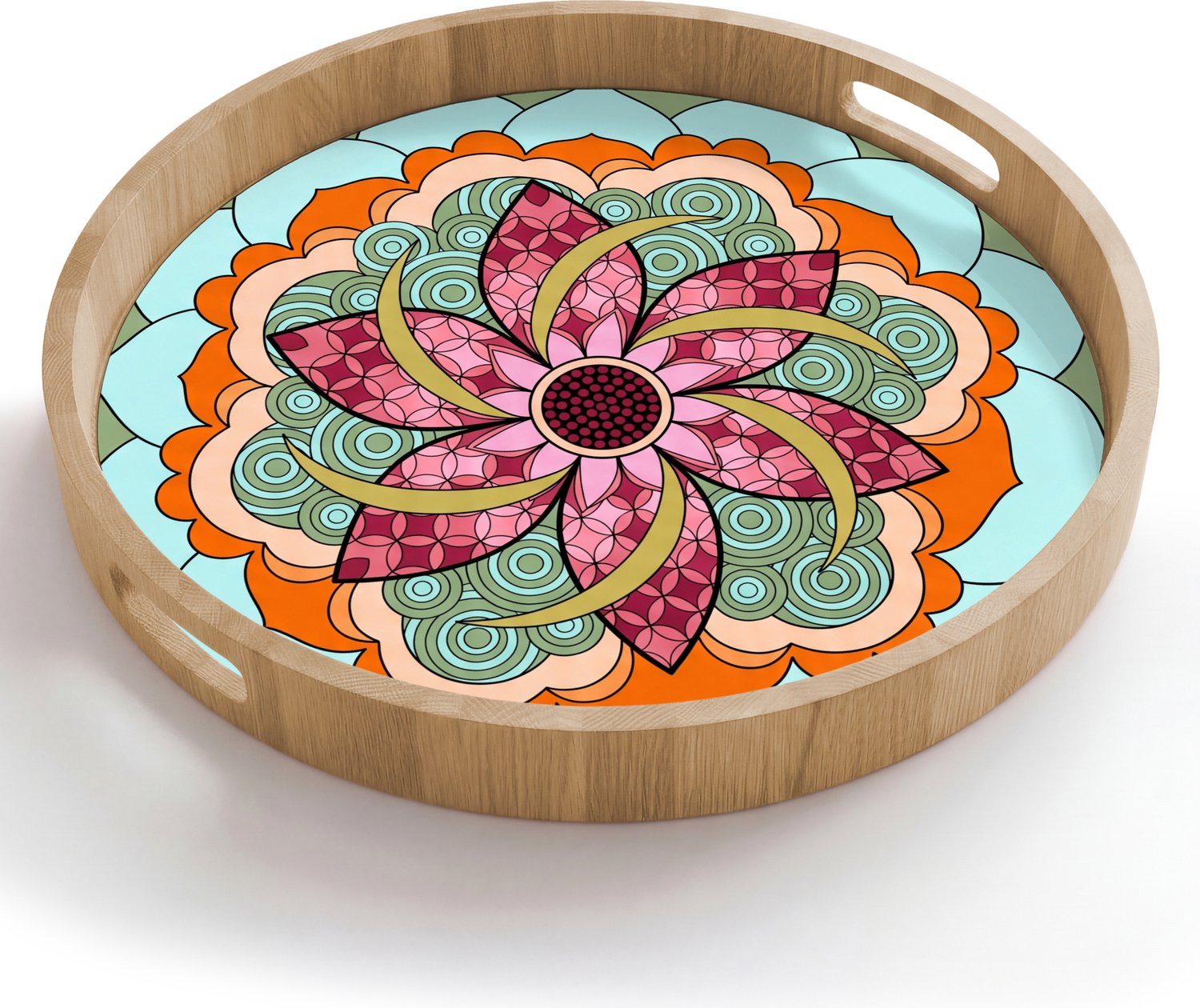 Dienblad rond 50x50 cm - Schootdienblad hout - Mandala - Geometrisch - Kunst - Decoratief - Kleurrijk - Borrelplank rechthoek - Plateau houten dienbladen