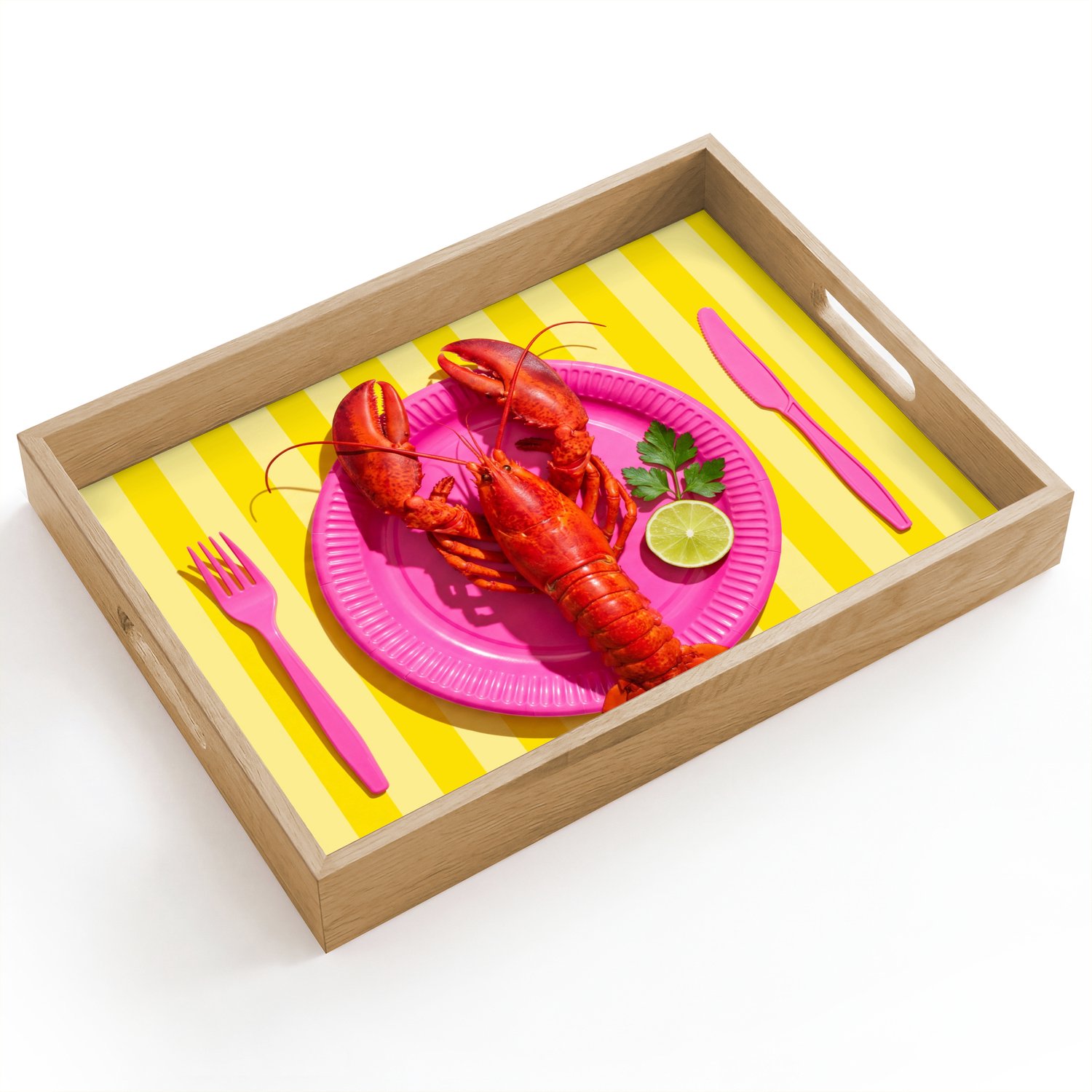 Dienblad hout 40x30 cm - Schootdienblad - Eten - Roze - Geel - Modern - Culinaire - Borrelplank rechthoek - Plateau dienbladen