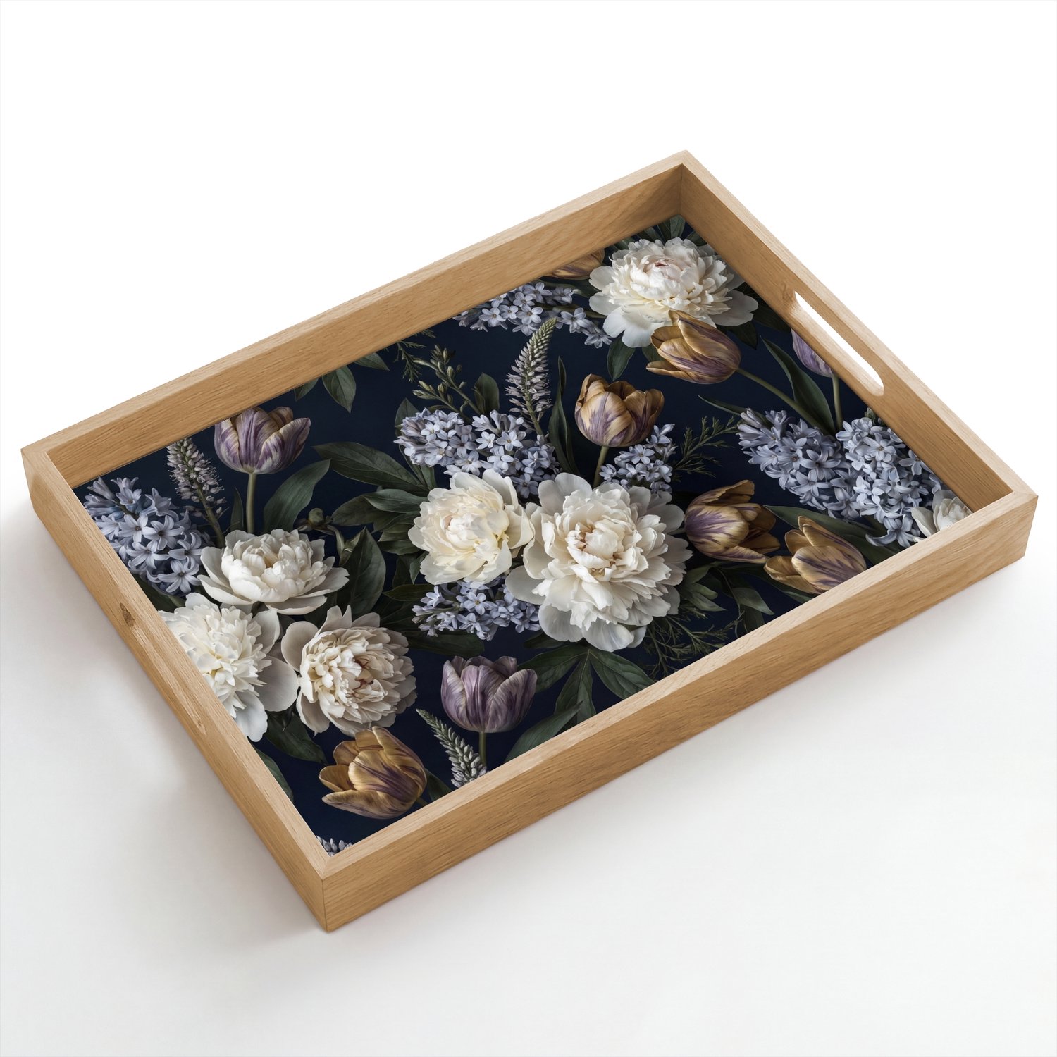 Dienblad hout 50x35 cm - Schootdienblad - Bloemen - Donker - Elegant - Natuur - Wit - Borrelplank rechthoek - Plateau dienbladen