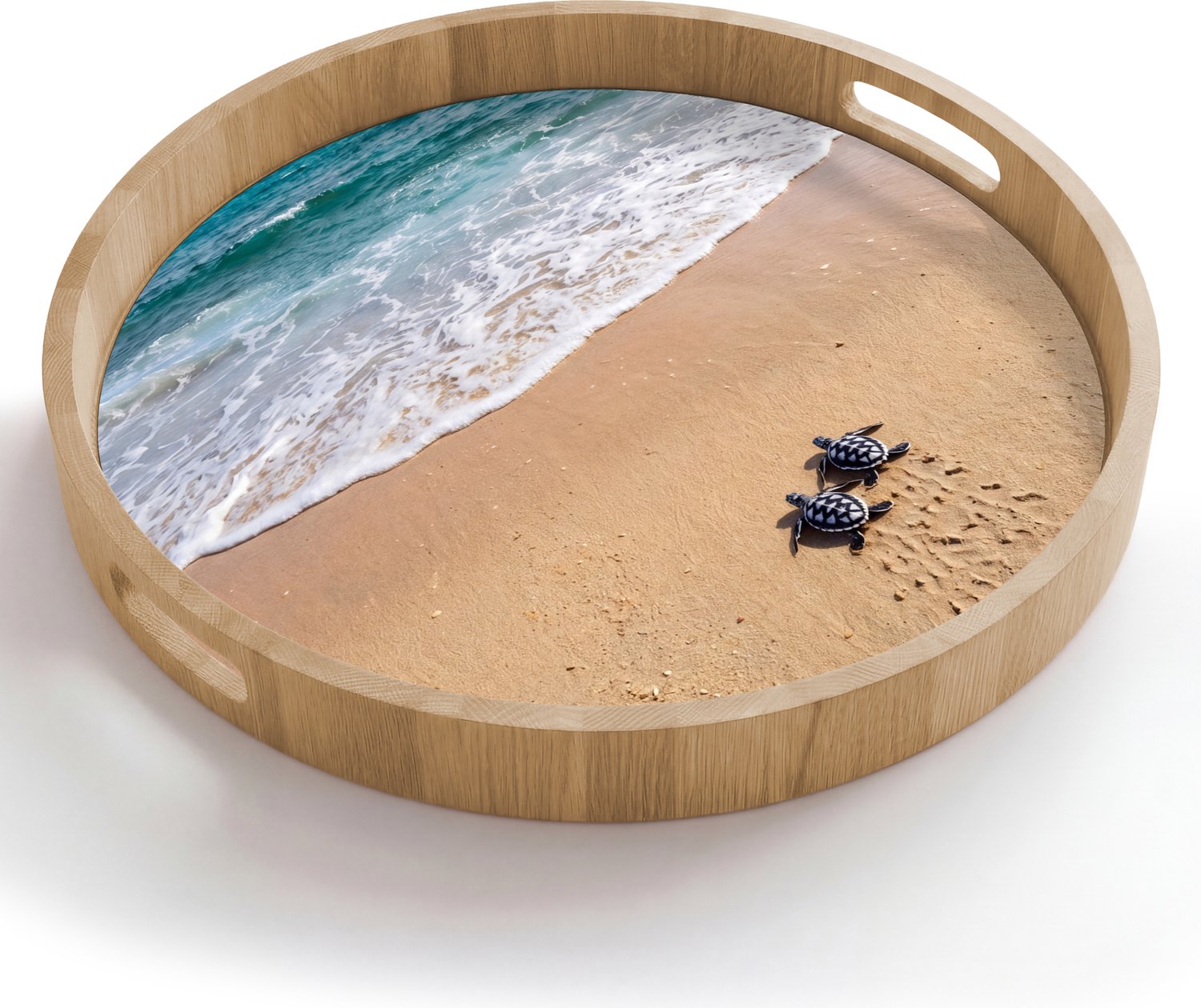 Dienblad rond 50x50 cm - Schootdienblad hout - Schildpad - Jong - Strand - Oceaan - Blauw - Borrelplank rechthoek - Plateau houten dienbladen