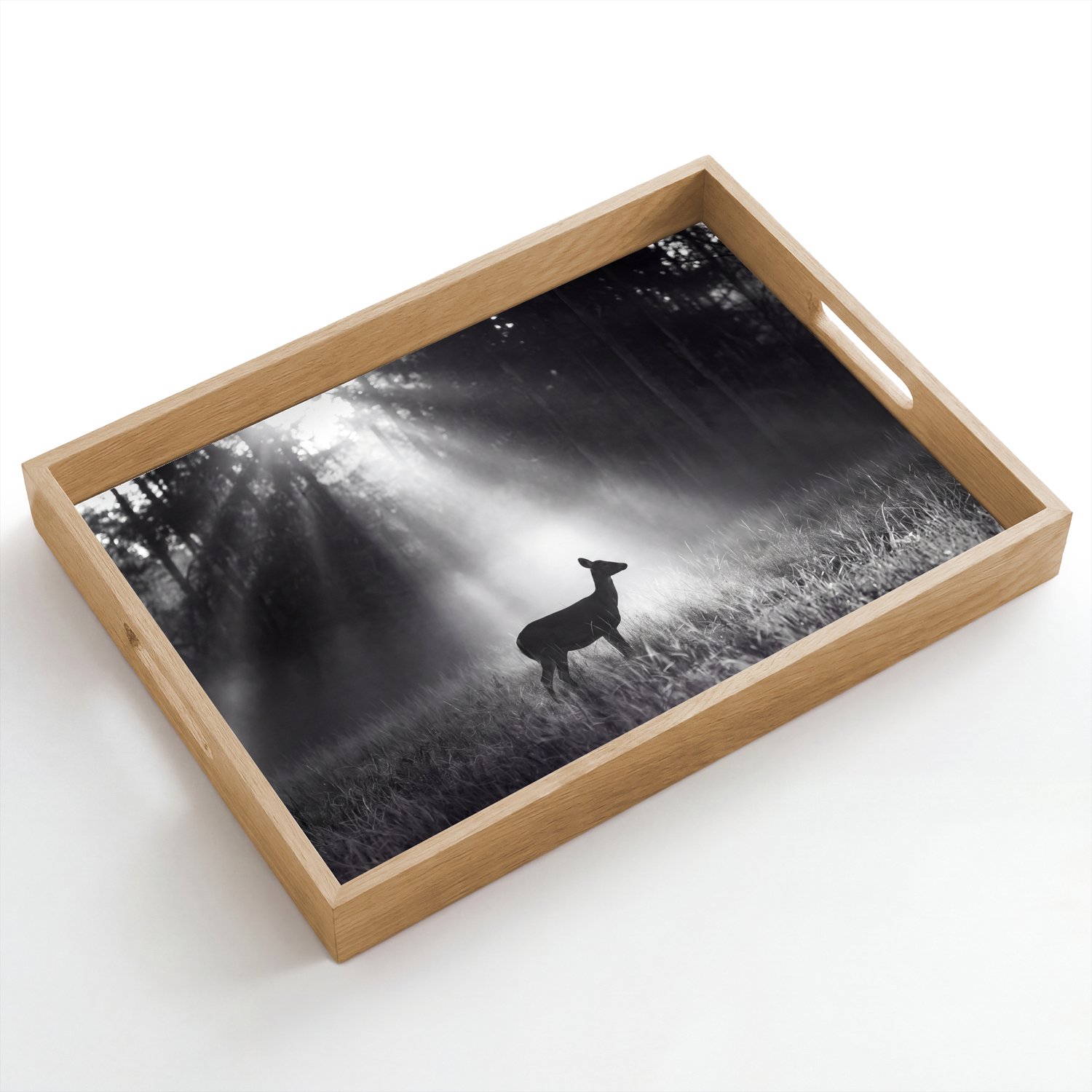 Dienblad hout 50x35 cm - Schootdienblad - Hert - Bos - Zonnestralen - Zwart-wit - Natuur - Borrelplank rechthoek - Plateau dienbladen