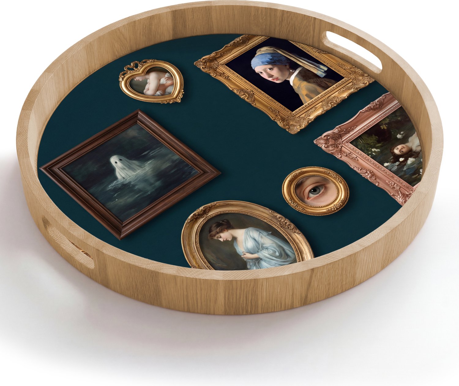 Dienblad rond 50x50 cm - Schootdienblad hout - Kunst - Schilderijen - Decoratie - Klassiek - Groen - Borrelplank rechthoek - Plateau houten dienbladen
