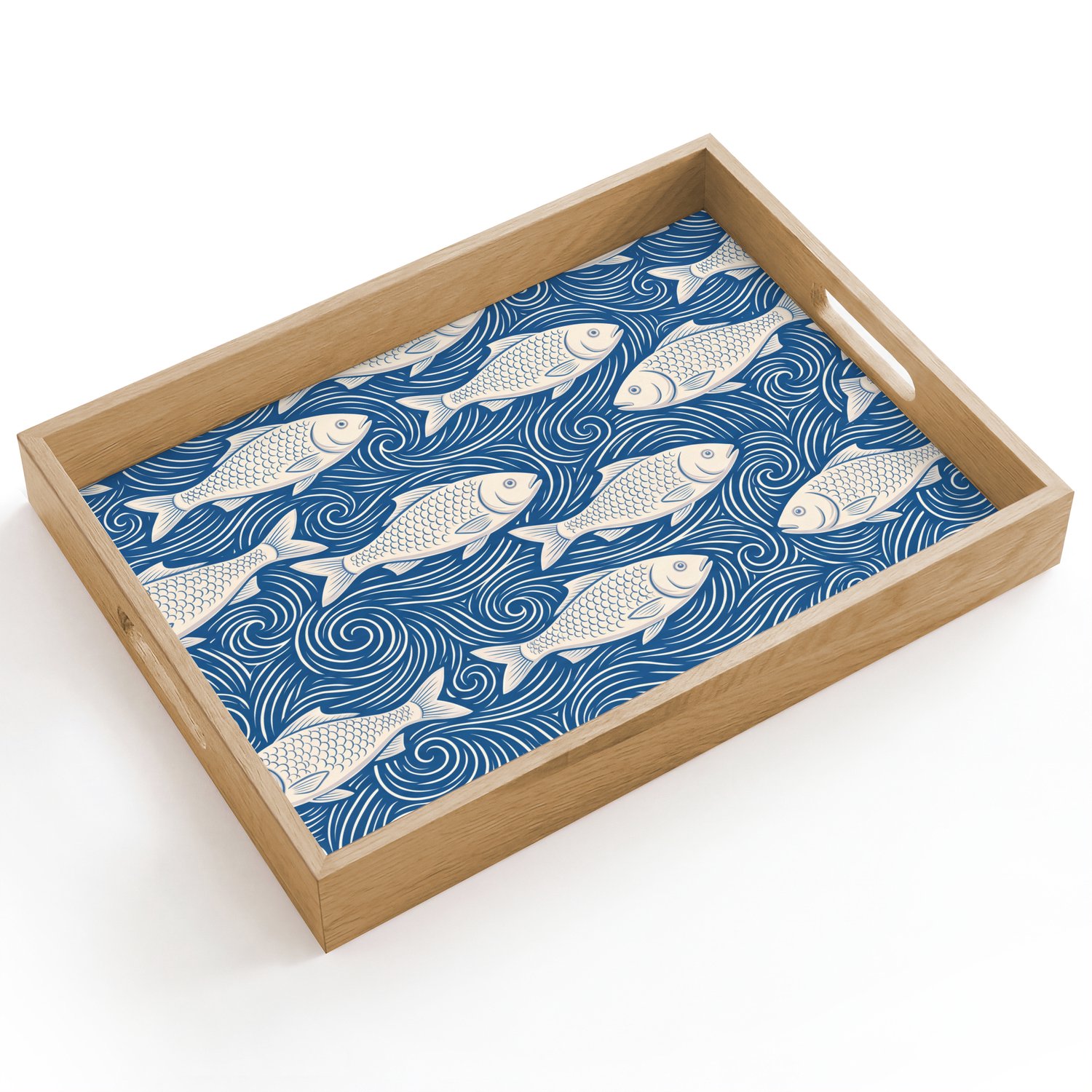 Dienblad hout 40x30 cm - Schootdienblad - Vis - Water - Patroon - Grafisch - Blauw - Borrelplank rechthoek - Plateau dienbladen