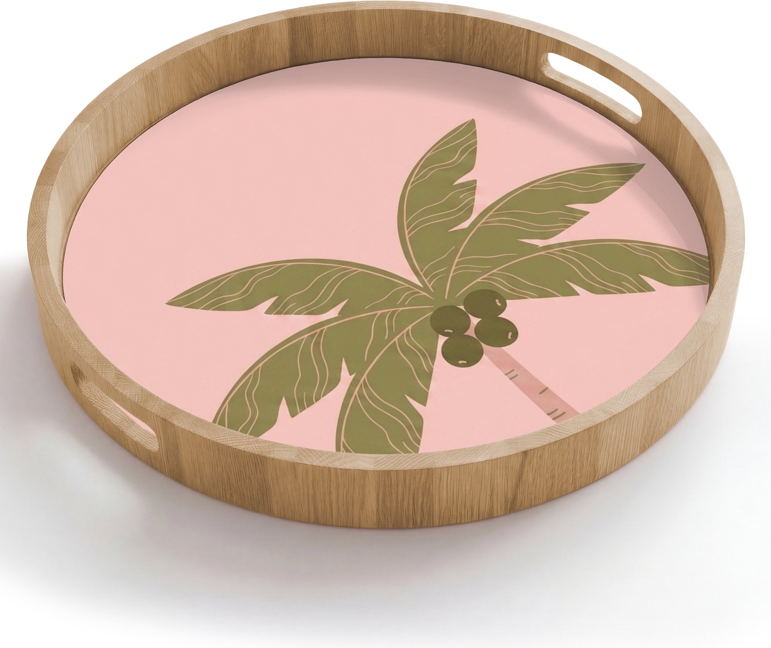 Dienblad rond 50x50 cm - Schootdienblad hout - Boom - Palm - Natuur - Illustratie - Roze - Borrelplank rechthoek - Plateau houten dienbladen