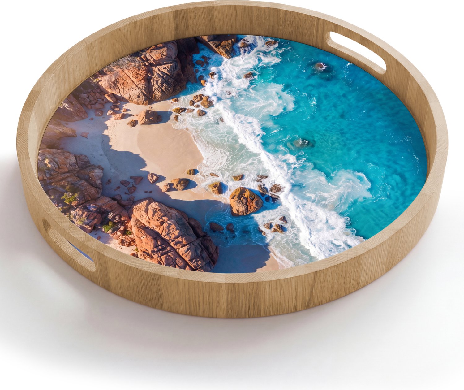 Dienblad rond 50x50 cm - Schootdienblad hout - Strand - Zee - Rotsen - Natuur - Blauw - Borrelplank rechthoek - Plateau houten dienbladen