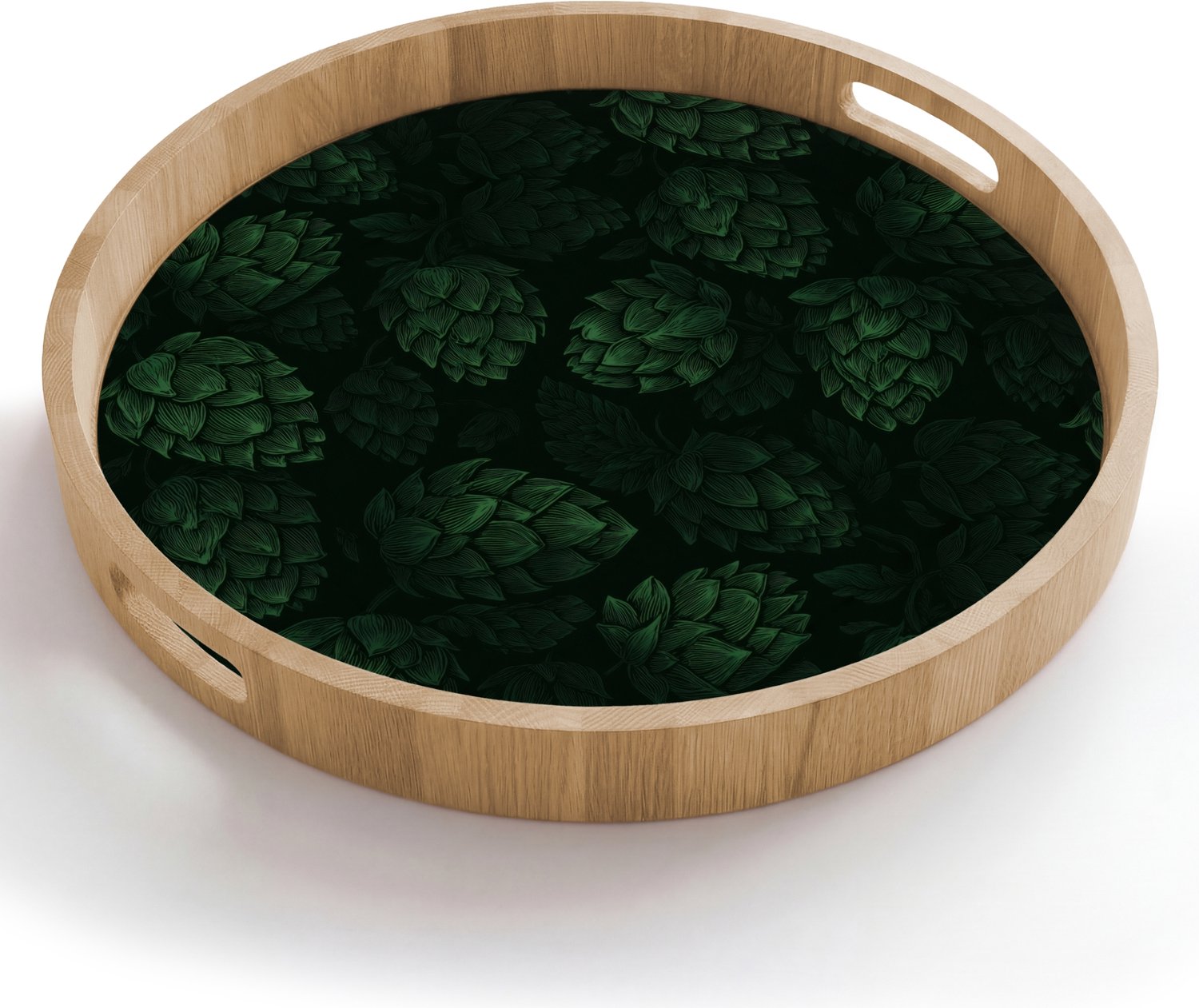 Dienblad rond 50x50 cm - Schootdienblad hout - Donker - Groen - Hopbellen - Botanisch - Illustratie - Borrelplank rechthoek - Plateau houten dienbladen