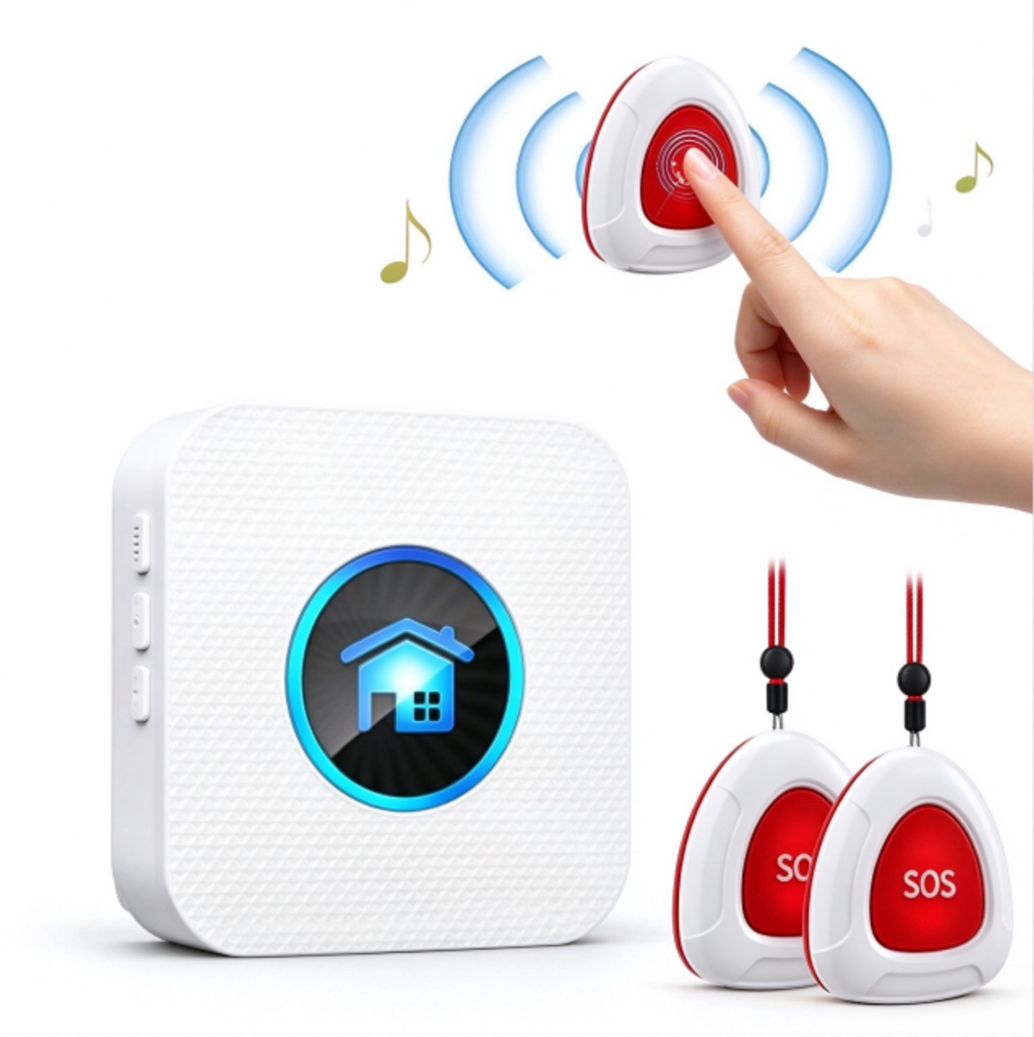 Draadloos alarmsysteem - Deuralarm - TENZHVXI® - 1 slimme ontvanger, 2 paniekknoppen - IP55 - Voor ouderenbewaking, persoonlijk assistentie-/noodoproepsysteem voor thuis - Wit