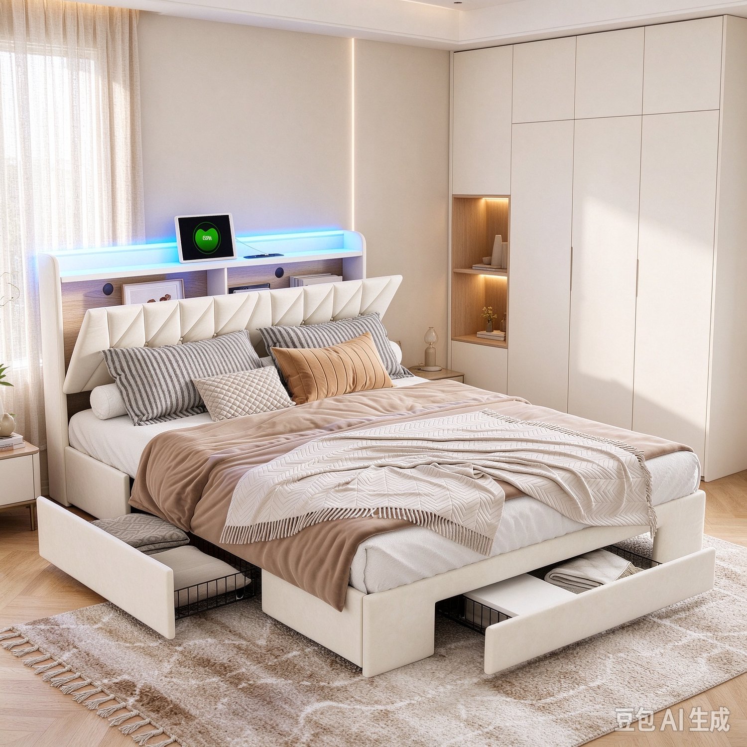 ROSAHQNDA Tweepersoonsbed 160x200 cm met ledverlichting en USB-oplaadpunt, 3 lades, gestoffeerd bed met gewatteerd hoofdeinde, functioneel bed inclusief lattenbodem, fluweel, beige, zonder matras
