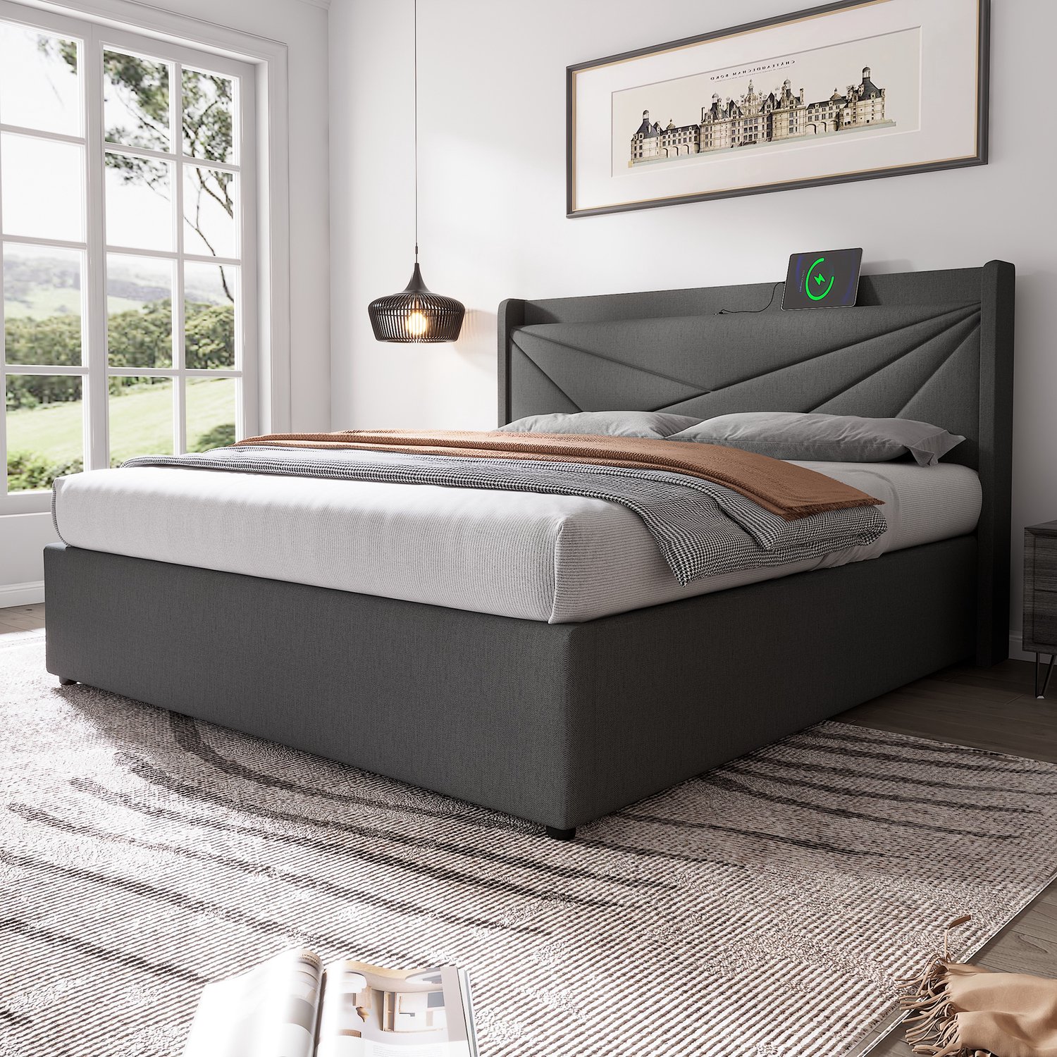 MUVANO Gestoffeerd tweepersoonsbed 160x200 - bed met opbergruimte - USB- en USB-C-aansluiting - linnen - lattenbodem - grijs