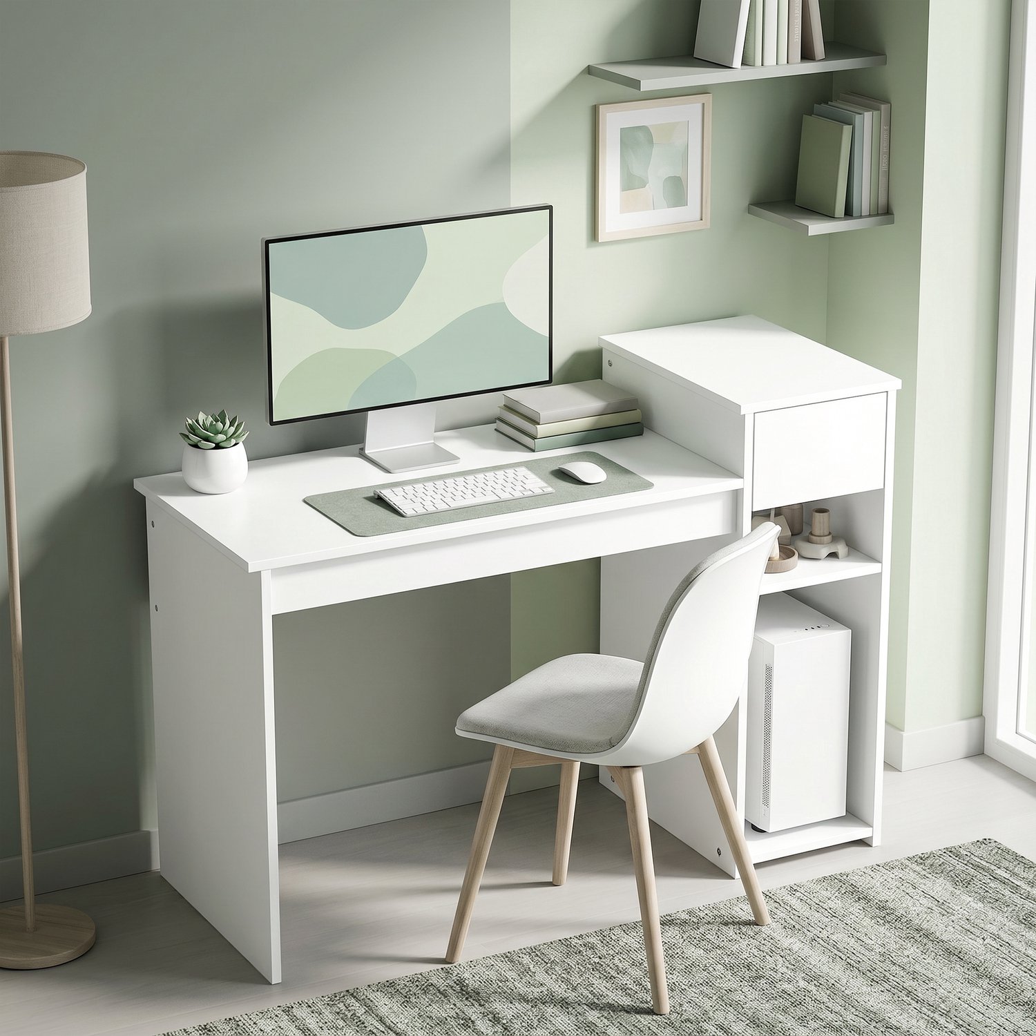MUVANO Wit bureau met lade - Open opbergvakken - Verhoogd printerplateau - 108 x 50 x 82 cm - Werken en opbergen - Voor kleine werkkamer en slaapkamer