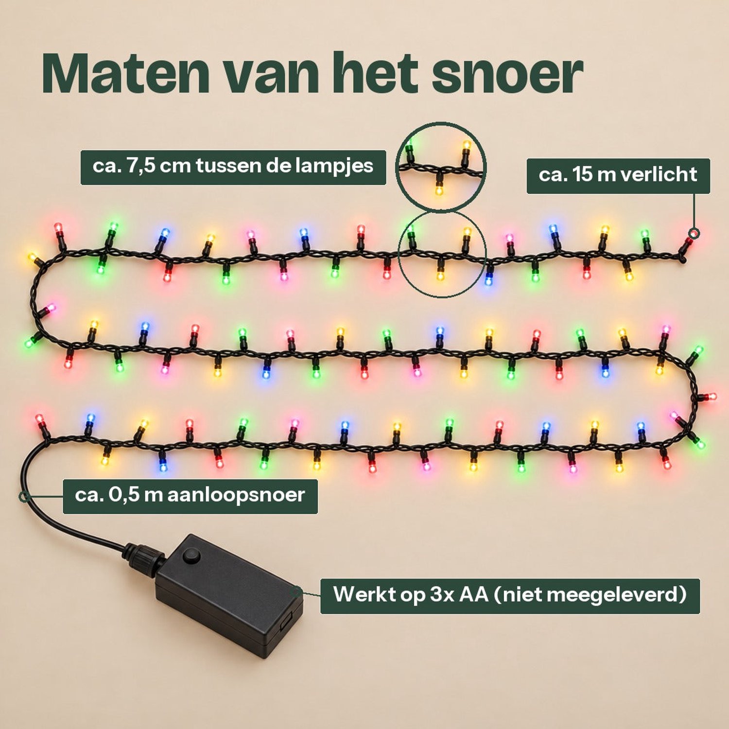 Levano Kerstverlichting Multicolor 192 LED 15 m - Lichtsnoer voor Binnen en Buiten - Kerstlampjes op Batterij - Kerstboomverlichting - Kerstversiering - Lichtslinger - Kerstlichtjes - LED Lampjes - Lichtjes Slinger op Batterijen - Lichtketting – foto 4