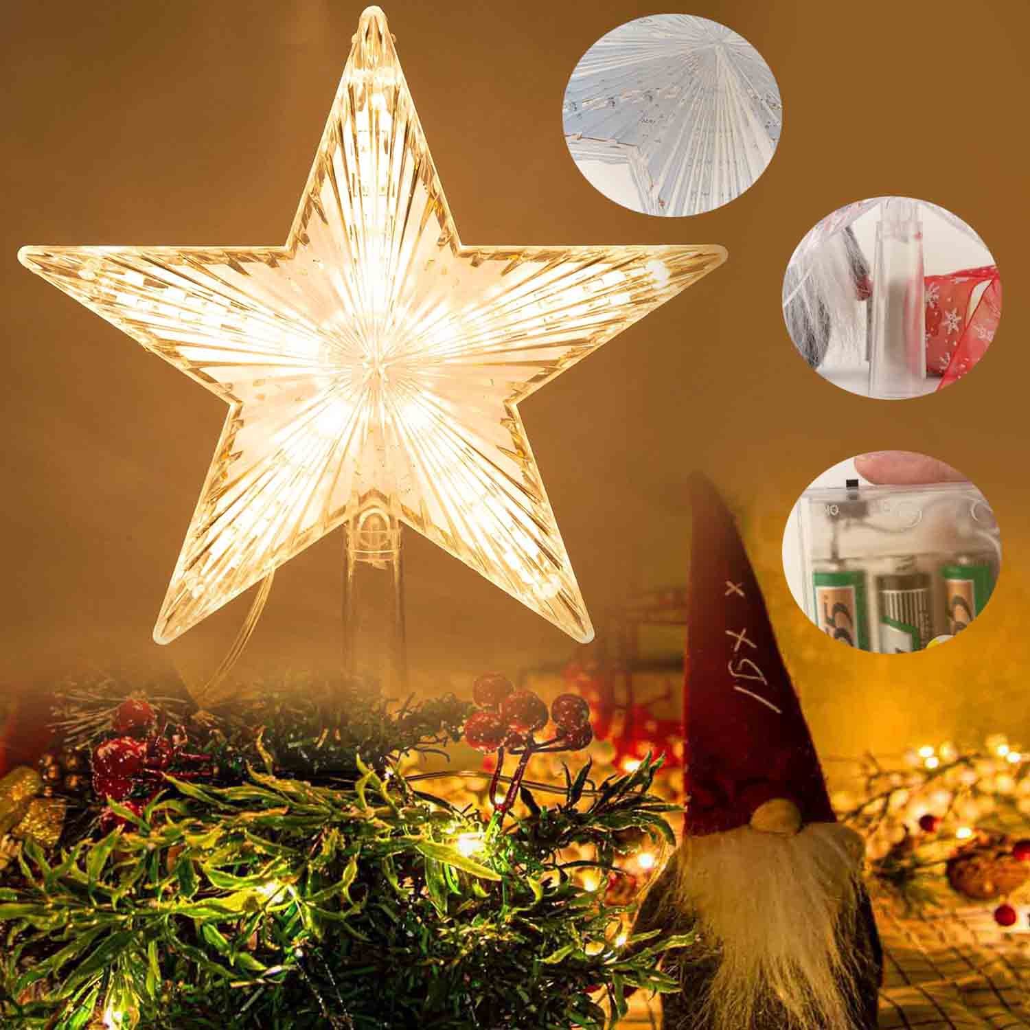 Kerstster Als Piek Voor de Kerstboom, Gouden Kerstboom Piek in de Vorm Van Een Ster, Decoratie op Batterijen Voor Kerstbomen Binnenshuis.