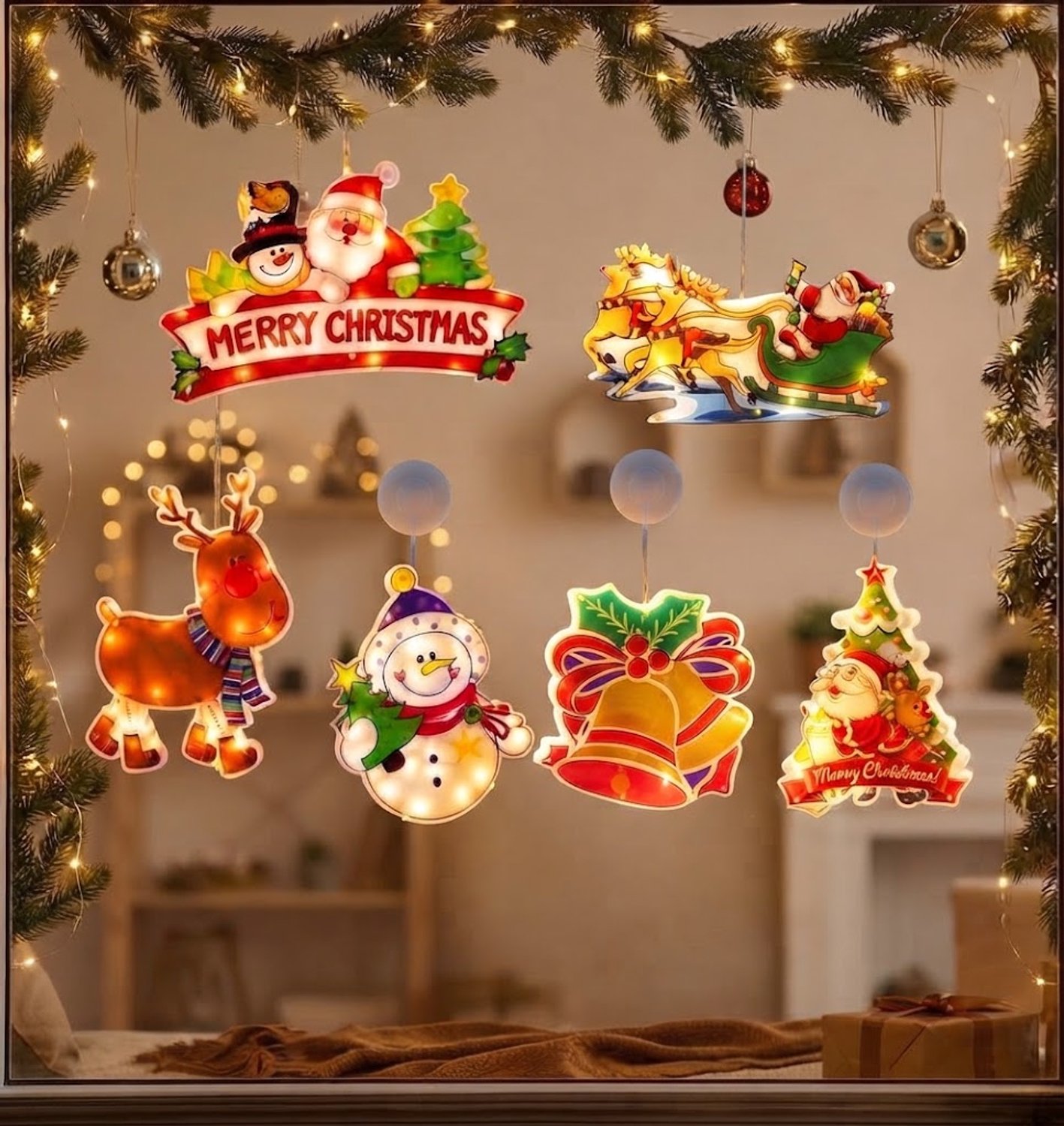 LED Kerst Raamverlichting (Set van 6) – Kerstfiguren met Warm Wit Licht, Kerst Raamdecoratie met Zuignap, Kerstman, Sneeuwman, Rendier en Kerstdecoratie voor Raam op Batterijen