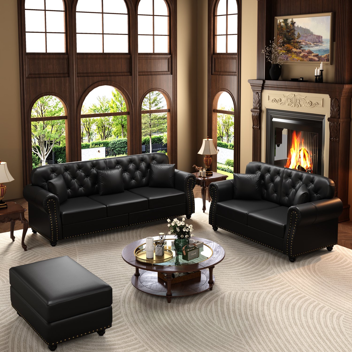 VVBV Chesterfield Bankstel 5-Zits met Hocker - Kunstleer - Zitting met Pocketvering - Klassieke Knoopdetails - Zwart