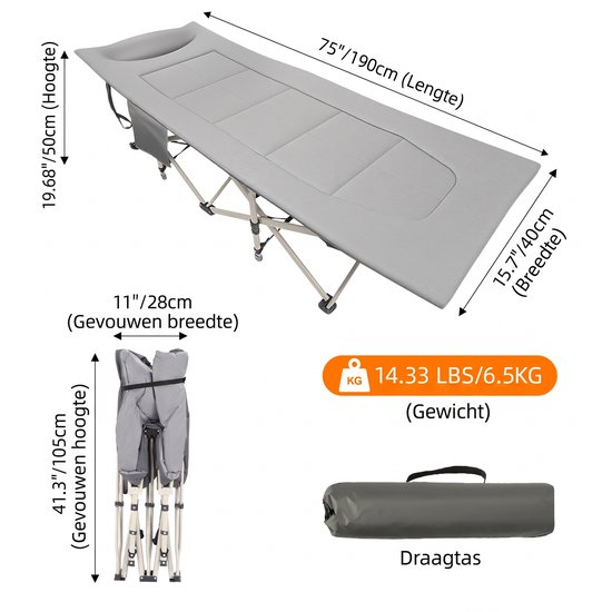 Opvouwbaar veldbed voor volwassenen – Met matras en kussen – Draagbaar – Draagvermogen tot 227 kg – Voor kamperen, reizen en kantoor — afbeelding 3