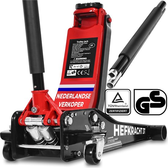 3-tons hydraulische krik in rood en zwart met 'Nederlandse verkoper' sticker en TÜV-keurmerk.