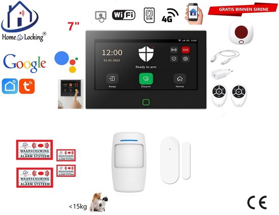 Home-Locking alarmsysteem met 7-inch touchscreen, wifi, 4G, binnensirene, afstandsbedieningen, sensoren en waarschuwingsstickers.