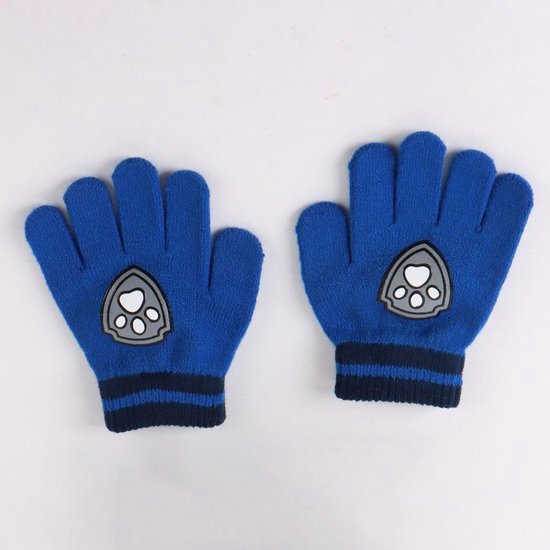 Blauwe Paw Patrol handschoenen met een embleem van een hondenpoot.