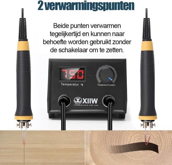 Dubbele houtbrander pen, 2 verwarmingspunten, digitale temperatuurweergave 750°C.