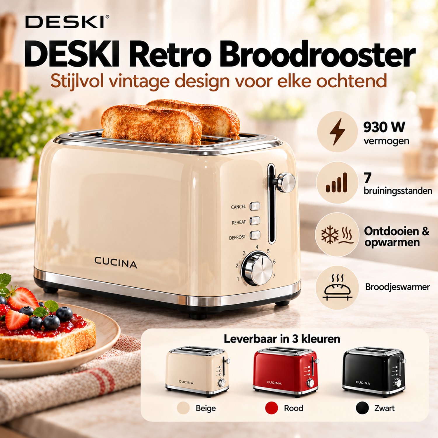 Deski Retro Broodrooster - 930 Watt Toaster voor 2 sneden met 6 Bruiningsstanden in de kleur Beige