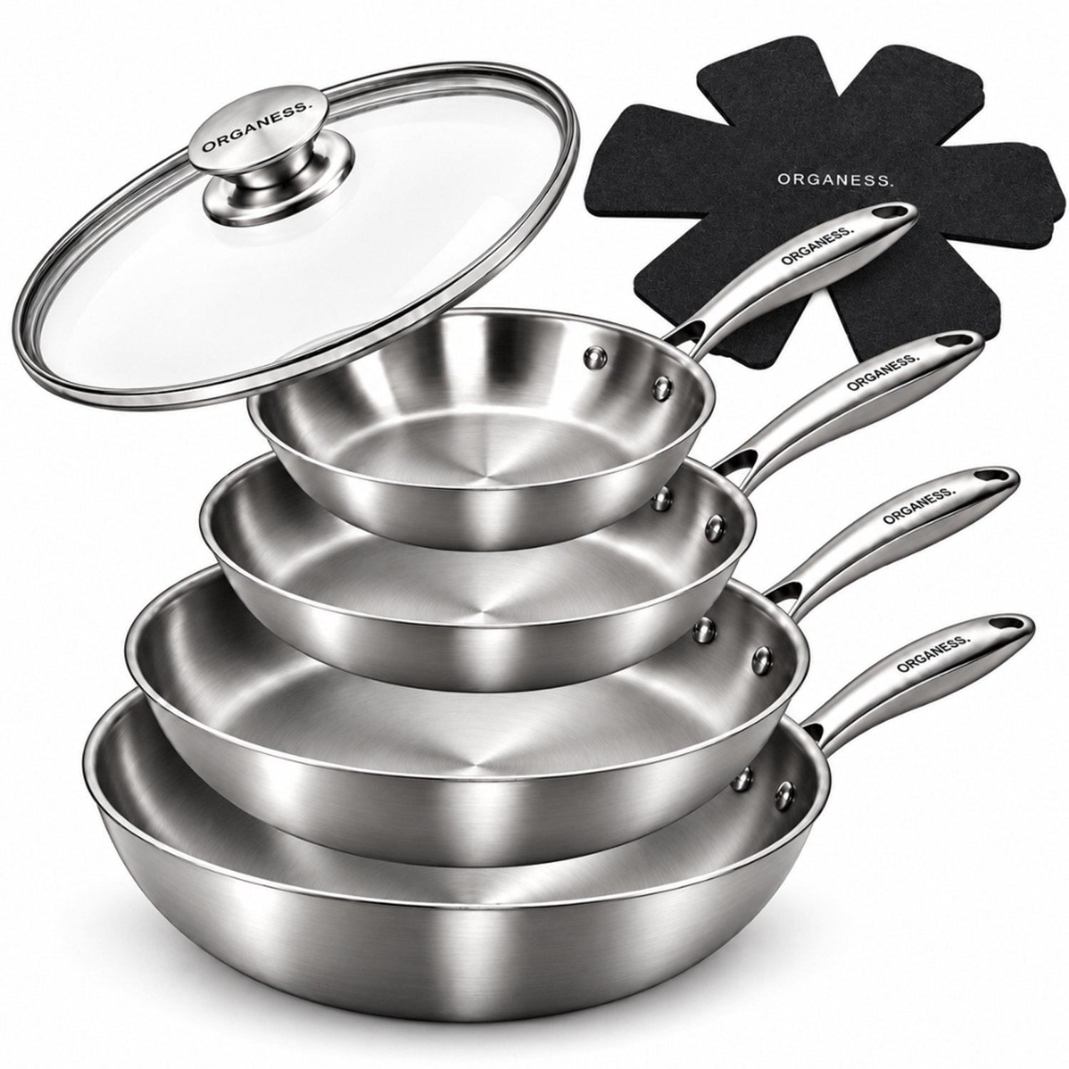Organess Koekenpannen set RVS 20, 24 & 28 cm, Wokpan 28cm & glazen deksel 28 cm – Inductie Pan – Roestvrijstaal – Geschikt voor Alle Warmtebronnen - Incl panbeschermers