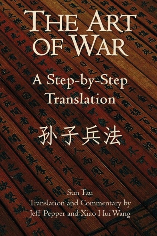 Boekomslag van The Art of War, met witte tekst op een achtergrond van bruine bamboe-rollen met Chinese karakters.