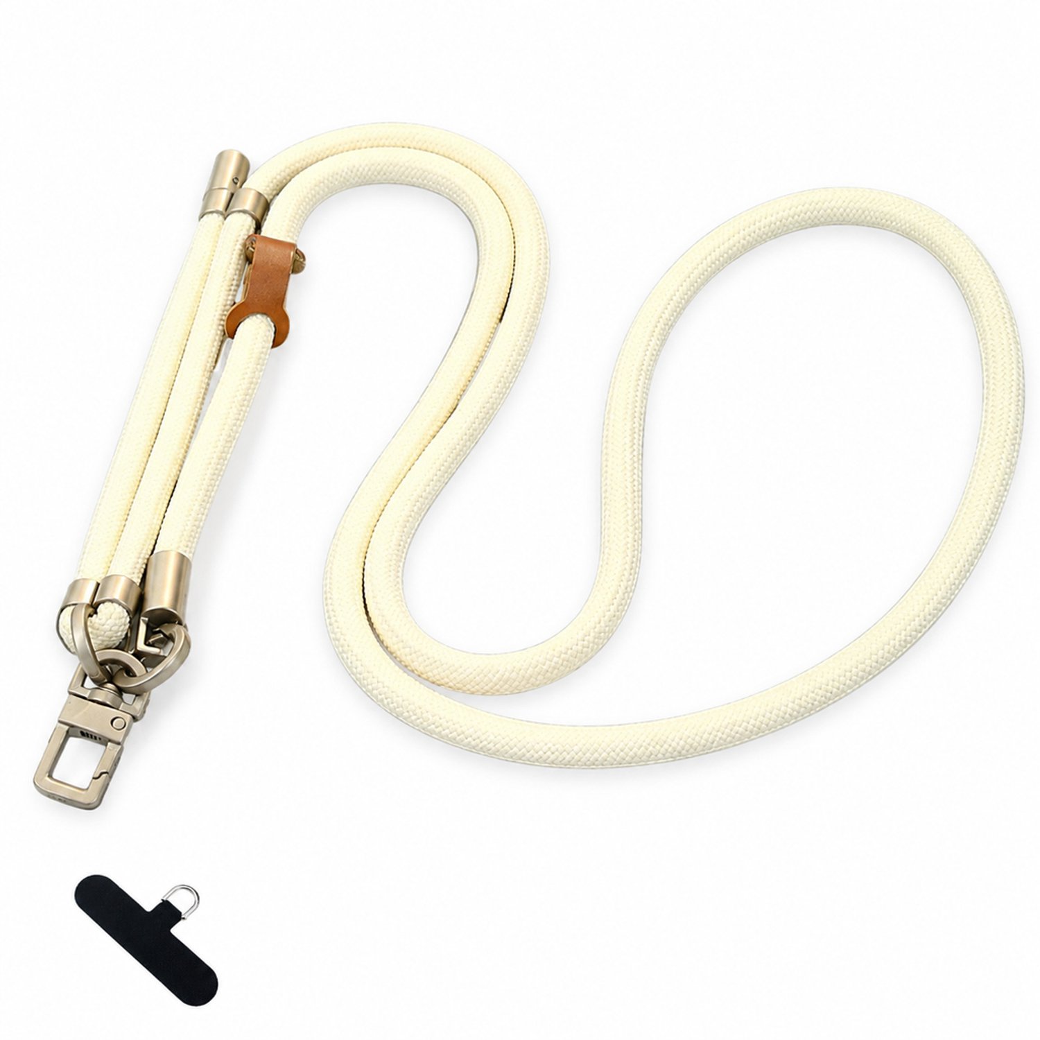 Telefoonkoord gebroken wit, verstelbaar van 75 tot 150 cm, 8 mm polyester koord voor nek- en crossbodygebruik, met T-vormig bevestigingsplaatje