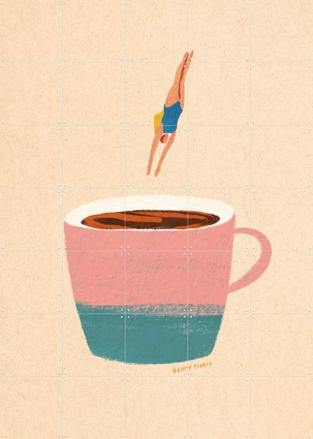 IXXI Hello Coffee, Henry Rivers - 100 x 140 cm - Grote wanddecoratie en posters - Modern, Illustraties, Cartoonesk, Surrealisme, Speels, Woonkamer Roze / Beige