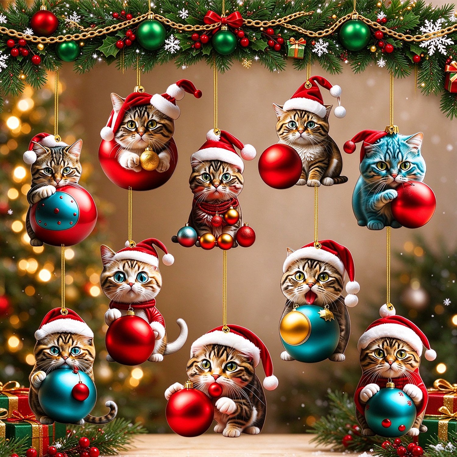 kerstballen katten - 10 stuks - Kersthanger Katten - kerstdecoratie - Kerstballen Kat Set - 2D Acryl Kerstboom Decoratie - kerstdecoratie voor binnen - Katten Kerstornamenten - Schattige Kitten Hangende - Kerstboomversiering - kerst decoraties