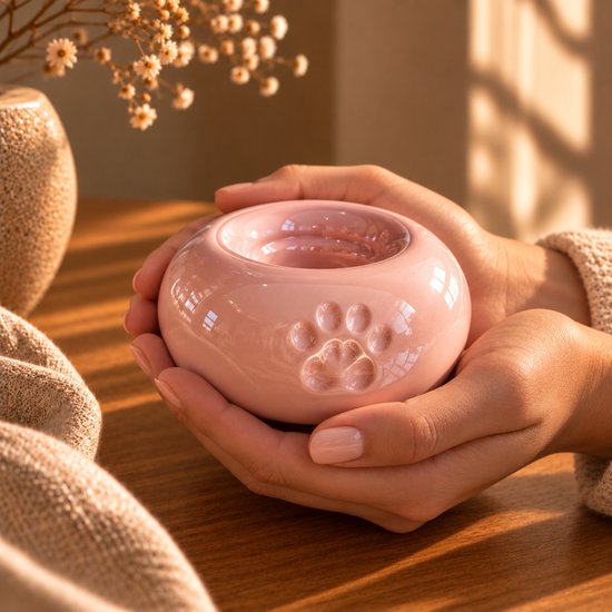 Handen houden een roze keramische urn vast met een ingedrukt pootafdrukje.
