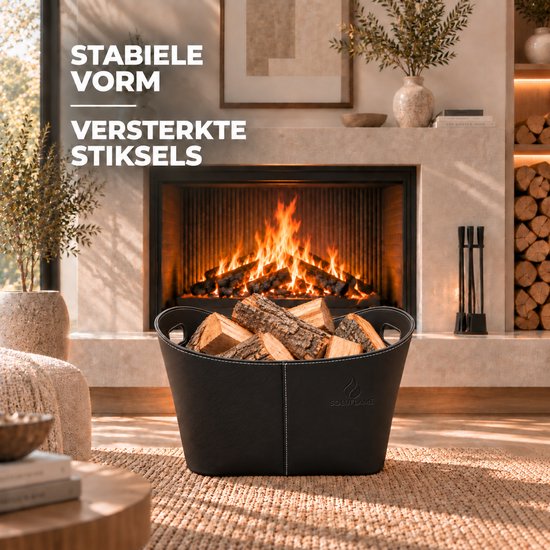 Soluflame houtmand voor een haard, benadrukt de stabiele vorm en versterkte stiksels in de tekst.