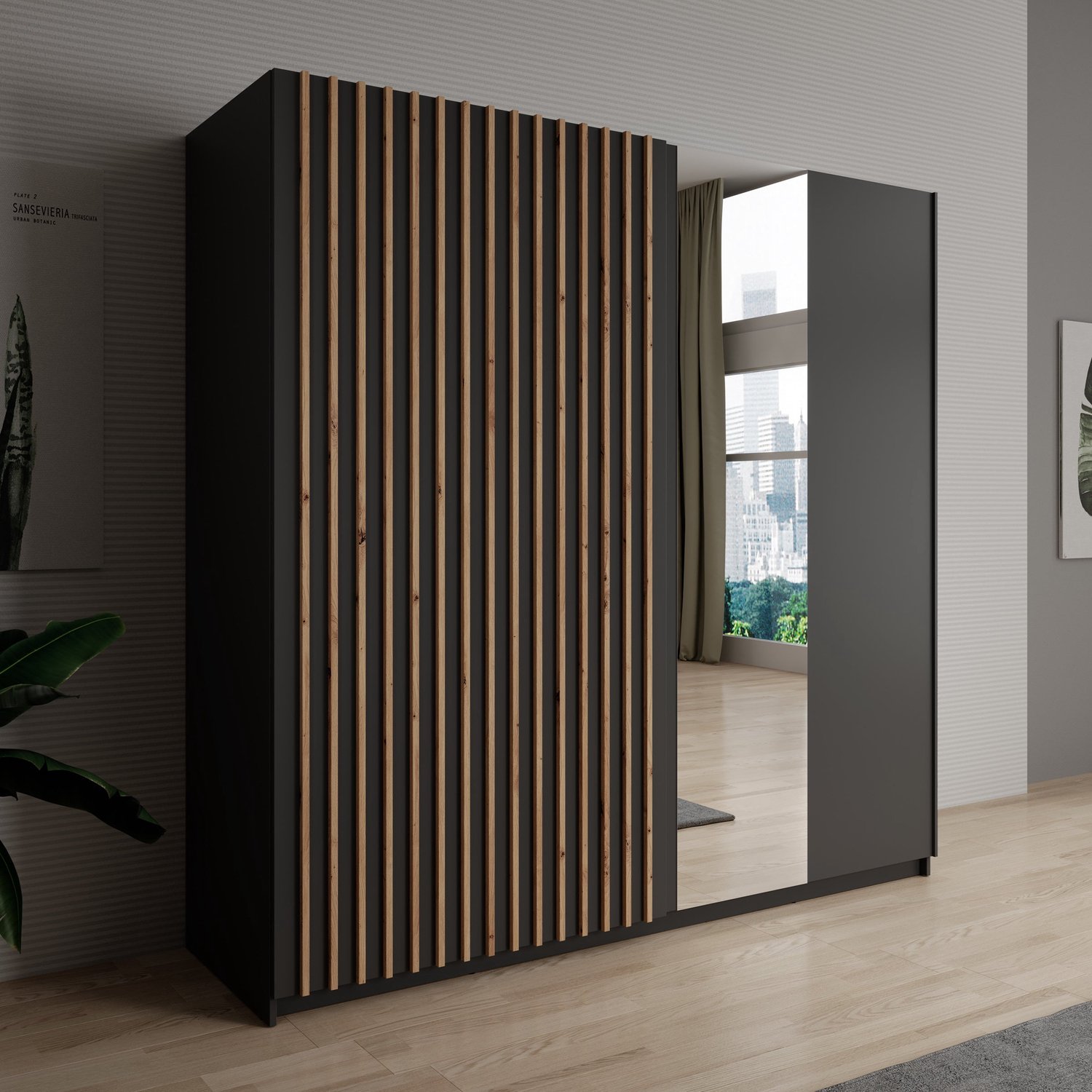 MEUBELLA Kledingkast Deliryon - Zwart - 200 cm - Met spiegel