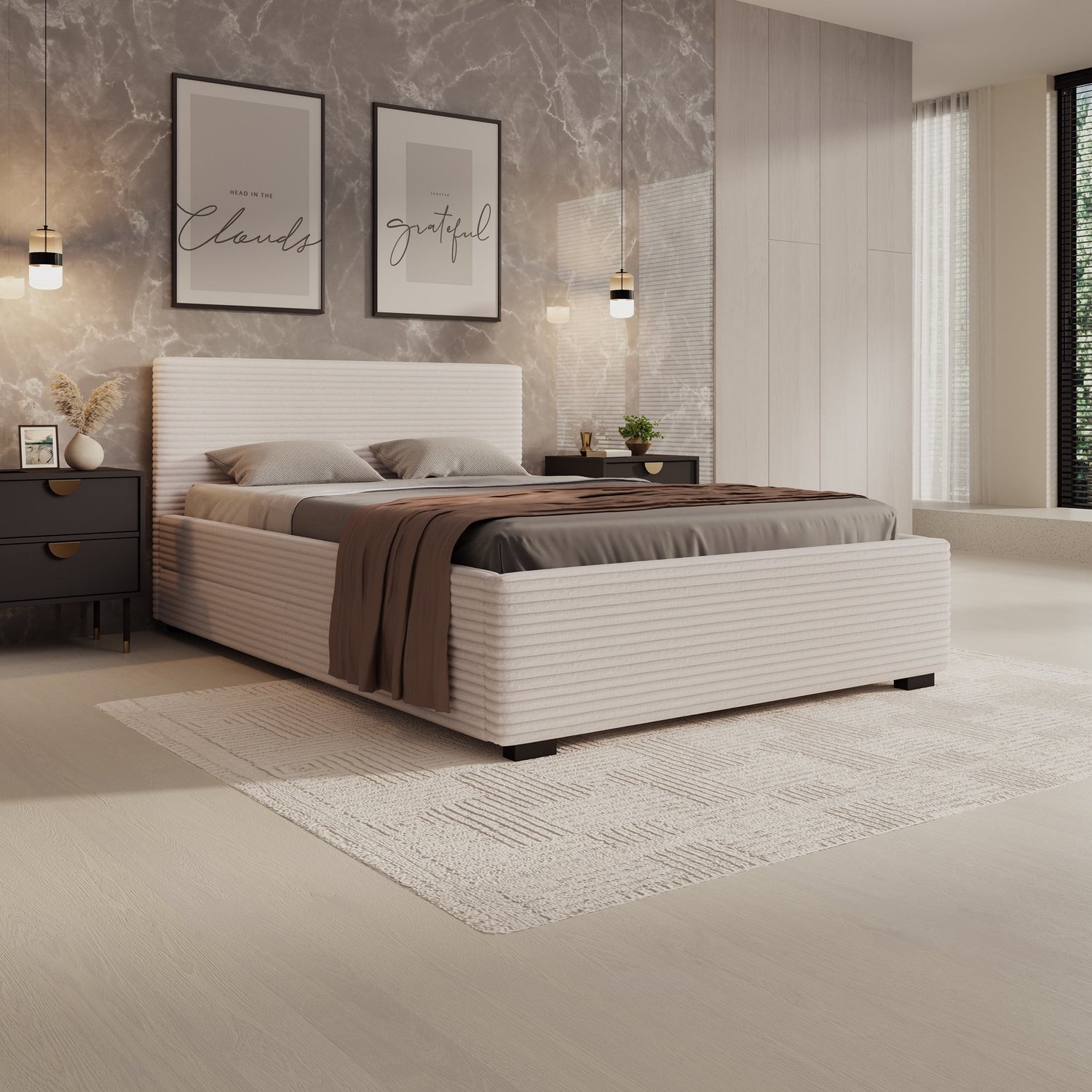 MEUBELLA Tweepersoonsbed Loox - Beige ribstof - 140x200 cm