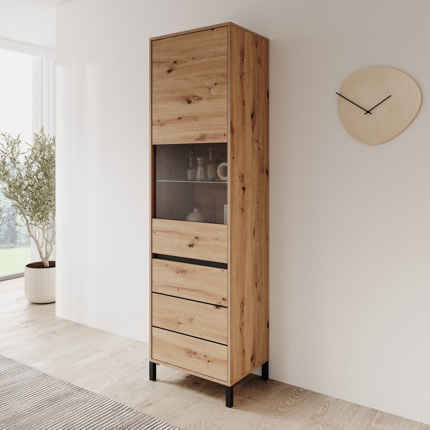 MEUBELLA Montellini - Vitrinekast - Eikenpatroon - 55x40x193 cm Bruin