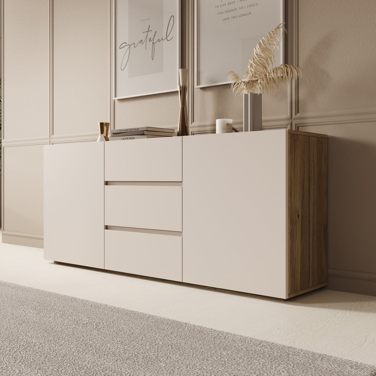 MEUBELLA Cumi - Dressoir - Beige/Eikenpatroon - 150x34x64 cm Beige|Bruin