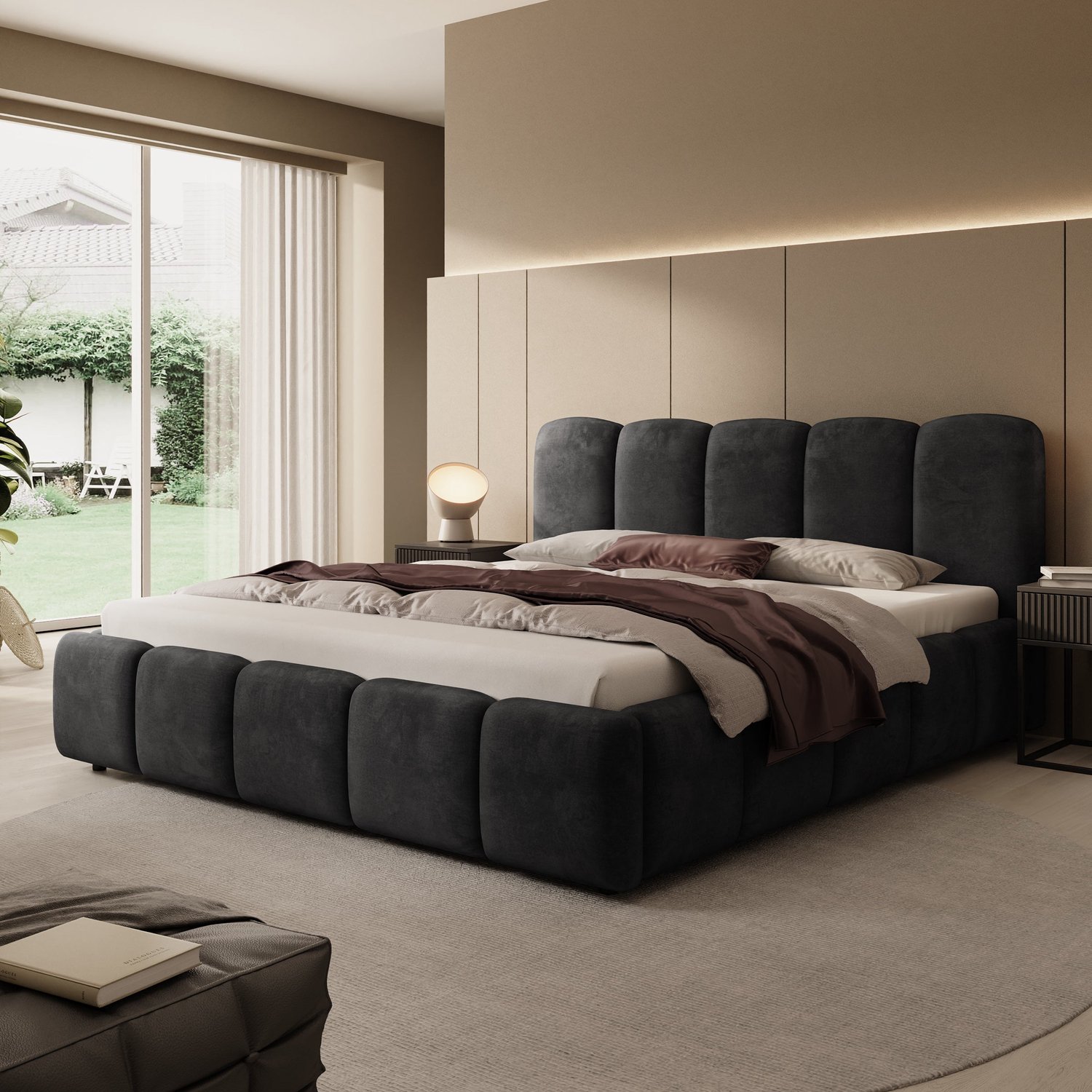 MEUBELLA Tweepersoonsbed Nolena - Zwart velvet - 180x200 cm