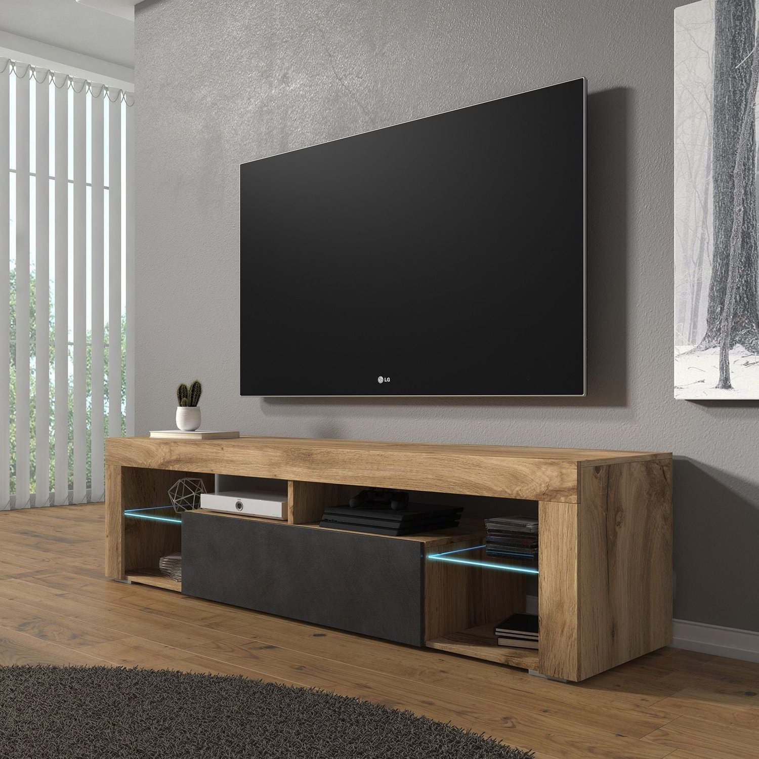 MEUBELLA TV-Meubel Fancy - Grijs - Eiken - 140 cm - Met LED Wit