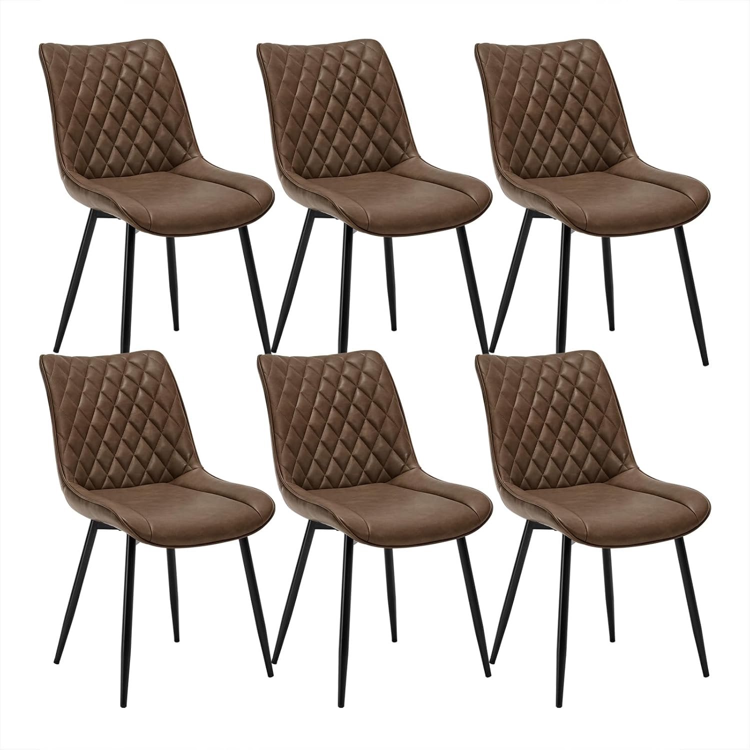 Set van 6 Luxe Eetkamerstoelen met Bruin Kunstleer, Dik Gevulde Zitting, Ergonomische Rugleuning en Zwarte Metalen Poten – Moderne Eetkamerstoelen voor Eetkamer, Keuken, Woonkamer en Slaapkamer