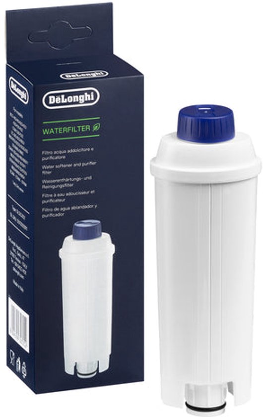 Witte De'Longhi waterfilter voor espressomachines met blauwe dop, naast de blauwe verpakking met opschrift Waterfilter.